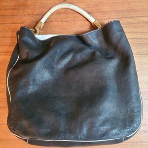 YSL YVES SAINT LAURENT ROADY Hobo Tote - Black Leather with Cream Trim